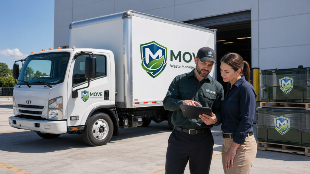 MOVE Waste staff and facility manager reviewing a pickup schedule on a tablet next to a branded cargo van, highlighting fast scheduling and clear pickup windows.
