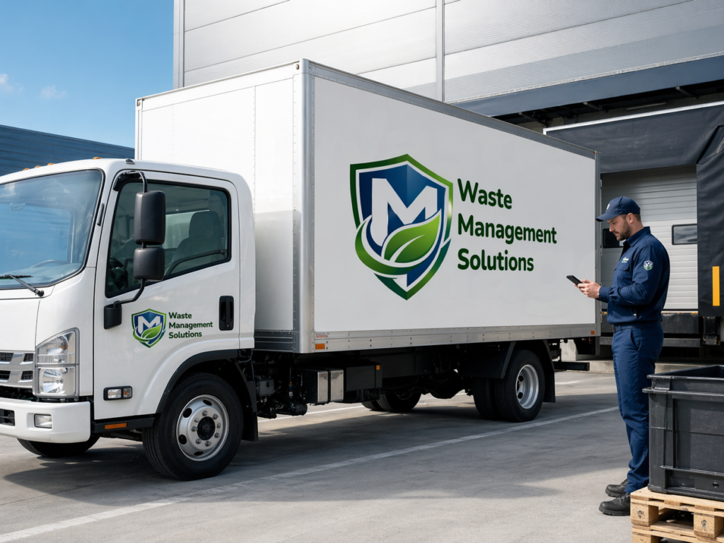move-wms-regulated-waste-pickup randed MOVE Waste cargo van and box truck outside a modern facility with uniformed team, representing trusted regulated waste pickup in California.